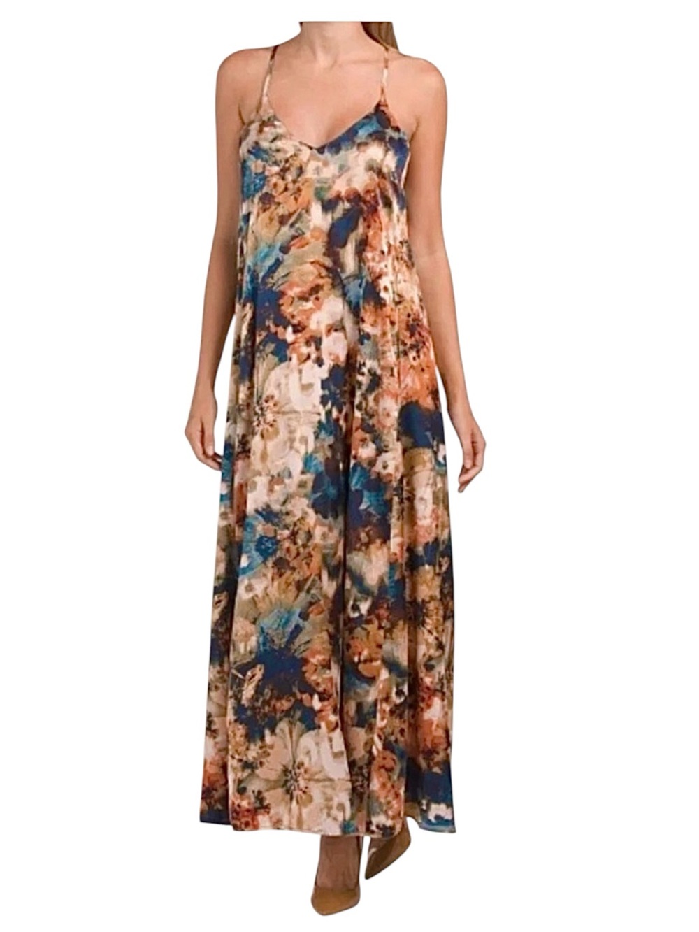 Nicole Miller Satin Maxi Dress Floral Watercolor Teal Blue Cream Rust Size Large